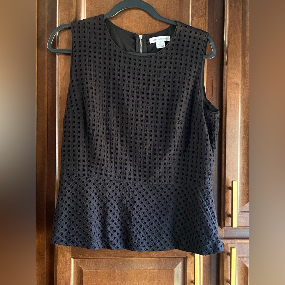 Liz Claiborne Black Sleeveless Eyelet Blouse Zipper Down Back 100% Cotton Size12